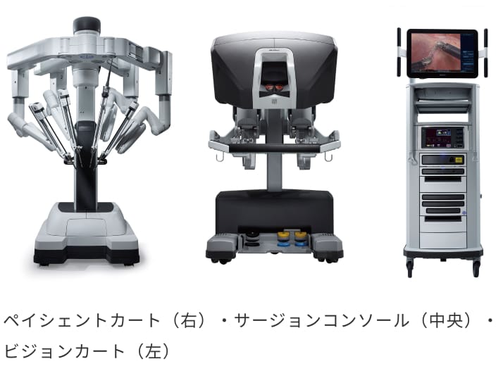 ペイシェントカート（右）・サージョンコンソール（中央）・ビジョンカート（左）